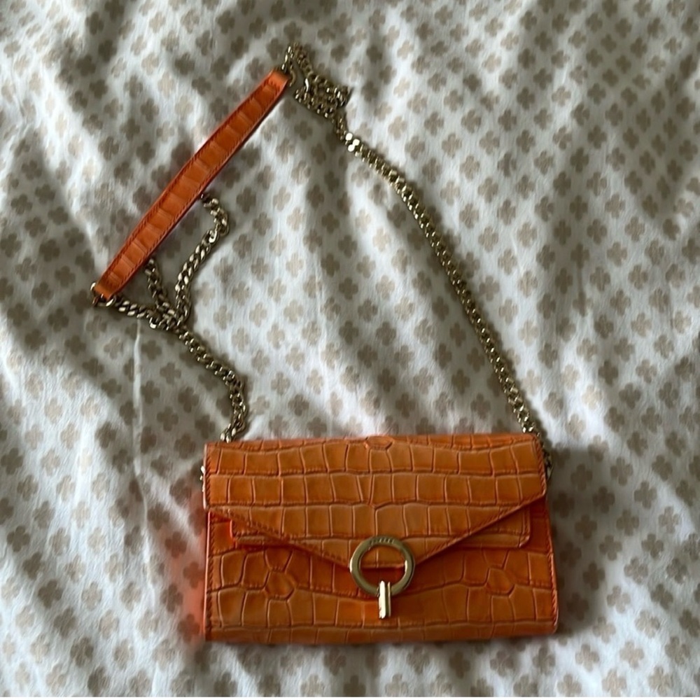 Sandro Orange Croc-Embossed Clutch with Chain